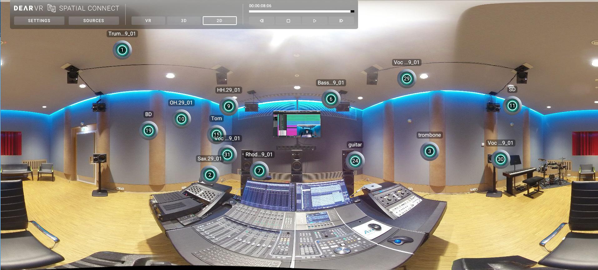 dearVR SPATIAL CONNECT通过在VR环境中能够模拟音频布局，提供空间音频会话的全面视图