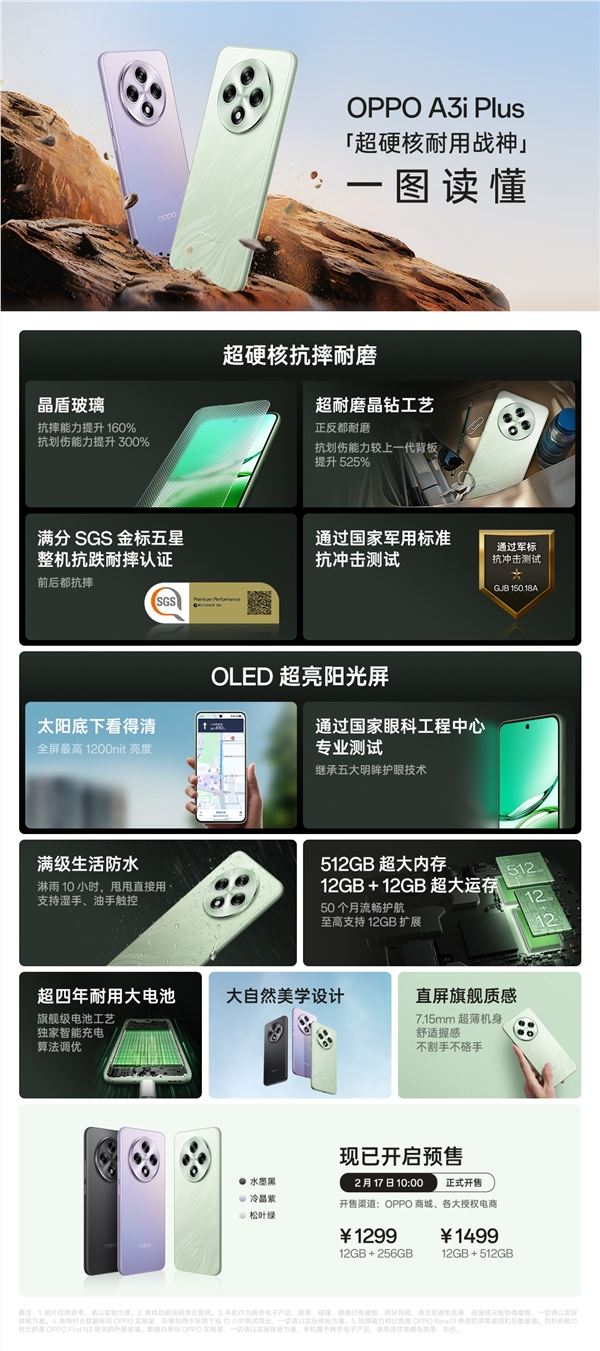 OPPO A3i Plus正式發佈：同檔最耐摔的直屏手機 1299元起